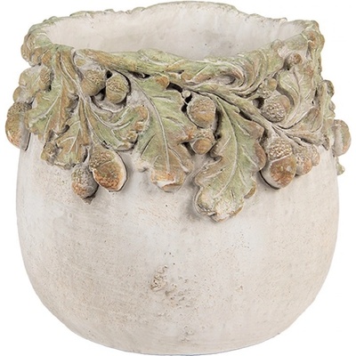 Clayre & Eef Cementový květináč s dubovými listy a žaludy Acornia S 15x13 cm