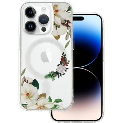 Tel Protect Кейс Tel Protect Flower, за IPhone 13 Pro Max, Magsafe, Защита около камерата, Прозрачен с бели цветя (4251)