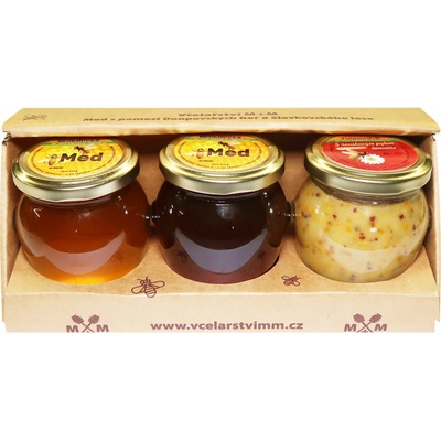 Včelařství M+M med světlý 250 g + med tmavý 250 g + med s rouskovým pylem 10% 220 g