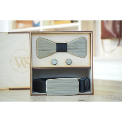 Wood Style Set Hranatý Šedé hedvábí opasek motýlek a manžetové knoflíčky černá