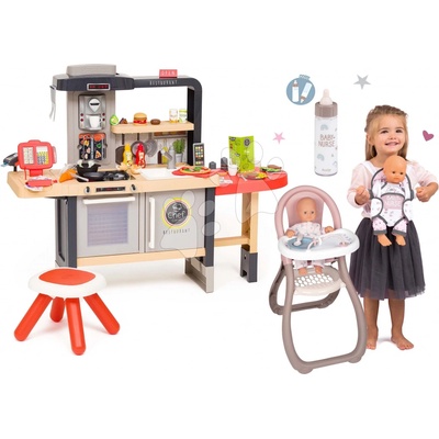 Smoby Set reštaurácia s elektronickou kuchynkou Chef Corner Restaurant s jedálenskou stoličkou a fľaška s nosítkom pre bábiku