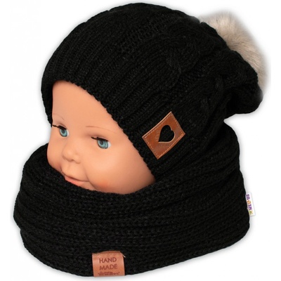 BABY NELLYS Zimná dvojvrstvová čiapka s brmbolcom + komínček Love čierná
