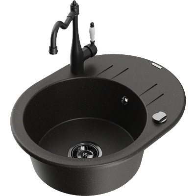 Mexen Kevin гранитна мивка с една камера и отцедник с кухненски смесител Carla, черно/златен металик - 6517-75-670700-70-B (6517-75-670700-70-B)