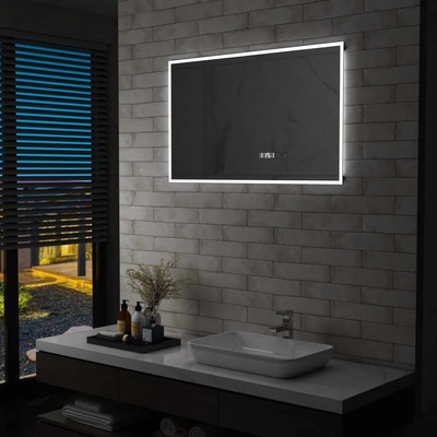 vidaXL LED огледало за баня с тъч сензор и показване на часа 100x60 см (144739)