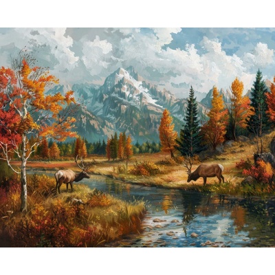 ZUTY Obrazy na stenu - JELEŇ PRI RIEKE, HORY A JESENNÉ STROMY Rámovanie: vypnuté plátno na rám, Rozmer: 80x100 cm