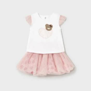 Mayoral Комплект пола тюл в розово със сърца и бяла тениска с мече за бебе момиче Майорал