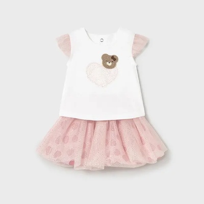 Mayoral Комплект пола тюл в розово със сърца и бяла тениска с мече за бебе момиче Майорал