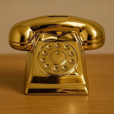 Keramická pokladnička v tvare retro telefónu – zlatá: 18 x 13 x 13 cm