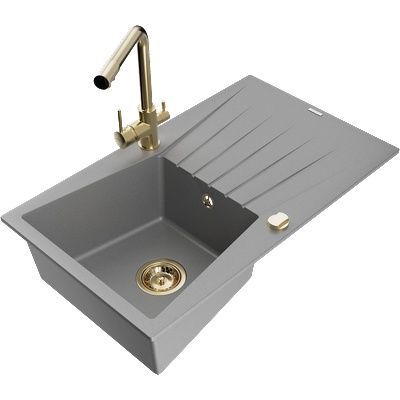 Mexen Cesar гранитна кухненска мивка с 1 корито с отцедник и кухненски смесител Duero, сив - 6514-71-671600-50 (6514-71-671600-50)