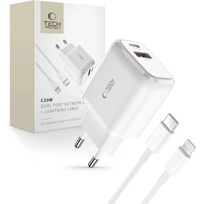 Tech-Protect C20W мрежово зарядно с 2 порта PD20W/QC3.0 + Lightning кабел, бял (9490713929124)