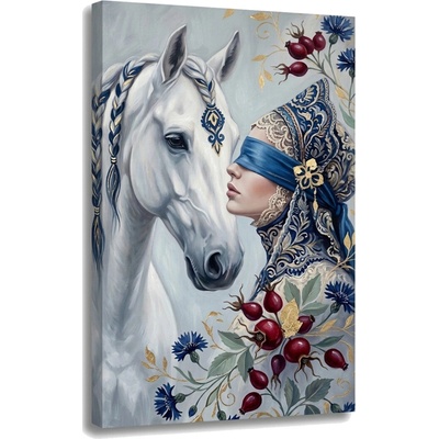 Obraz ženy s bielym koňom na plátne – s ručne maľovanými detailmi - 80x120 cm