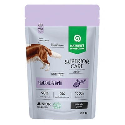 AKVATERA Nature's Protection DOG SUPERIOR CARE Junior Grain Free All Breed Dogs with Rabbit and Krill, пауч за подрастващи кучета от всички породи - филета в сос със заек и крил, Литва - 85 гр 210750
