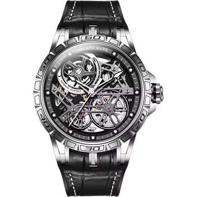 Gelatu Мъжки часовник GELATU Skeleton Luminous, Автоматичен, Естествена кожа, Сребрист (GELATU-6015-SILVER)