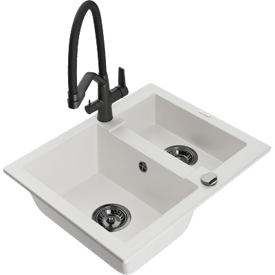 Mexen Carlos Гранитна кухня мивка 1, 5 камери с кухненски кран Duo, бял - 6518-20-671701-70-B (6518-20-671701-70-B)