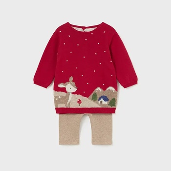 Mayoral Трикотажен комплект за новородено момиче в червено с туника и бежов клин Майорал