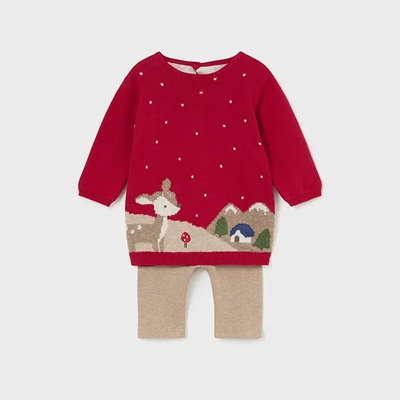 Mayoral Трикотажен комплект за новородено момиче в червено с туника и бежов клин Майорал