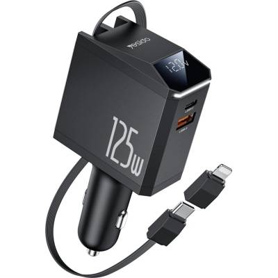 YESIDO Автомобилно зарядно 4в1 - Yesido Y71 - прибиращ Type-C + Lightning адаптер, USB-A + Type-C, 125W, LED - Черно
