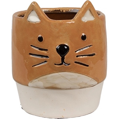 Clayre & Eef Hnědý keramický květináč ve tvaru kočky Cat 11x13 cm