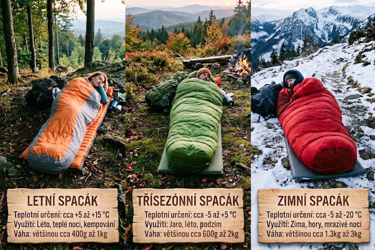 Srovnání tří základních typů spacáků podle sezóny, teploty a váhy