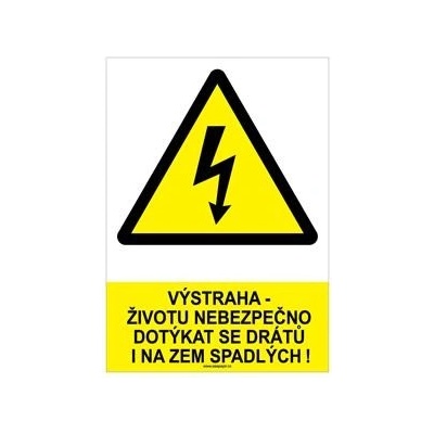 VÝSTRAHA - ŽIVOTU NEBEZPEČNO DOTÝKAT SE DRÁTŮ I NA ZEM SPADLÝCH - bezpečnostní tabulka, plast A4, 2 mm – Sleviste.cz