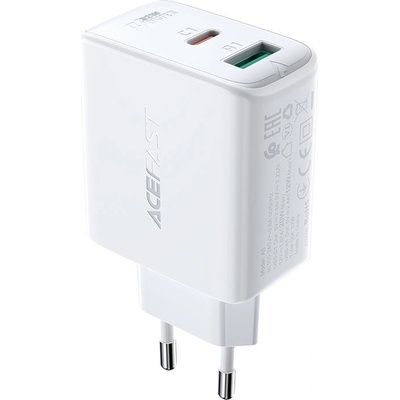 ACEFAST Мрежово зарядно Acefast A5, USB-C, USB, 32W, PPS, PD, QC 3.0, AFC, FCP, бял (A5 white)