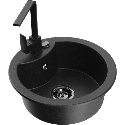 Mexen Diego гранитна мивка с 1 камера и кухненски смесител Rita, черен/сребърен металик - 6512-73-670300-70-B (6512-73-670300-70-B)