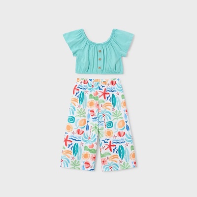 Mayoral Комплект дълъг панталон многоцветен и къс потник в синьозелено за мини момиче Mayoral