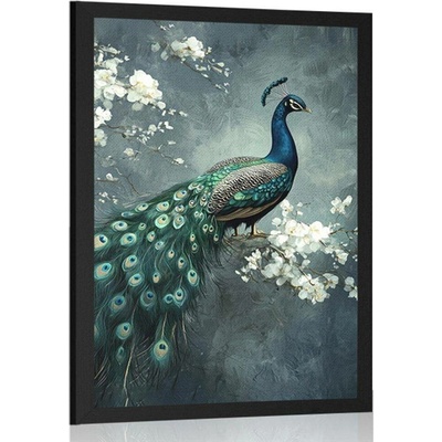 Plakát páv s květinami - 40x60 black