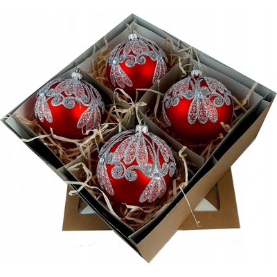 BombkiBony Ručne zdobené sklenené vianočné gule – červený set so strieborným ornamentom (4 ks, Ø 10 cm)
