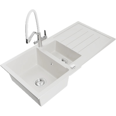 Mexen Andres гранитна кухненска мивка с 1, 5 камери с отцедник и кухненски смесител Duo, бял - 6515-20-671701-02 (6515-20-671701-02)