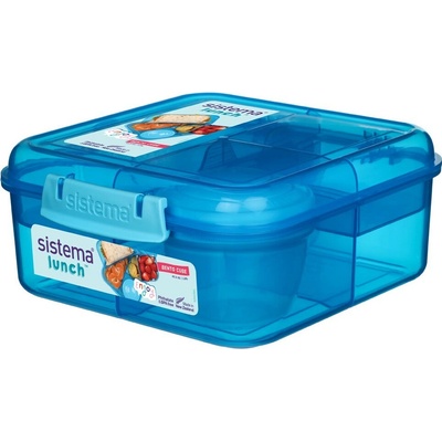 Sistema Dělený svačinový box Lunch Bento Cube s nádobou na jogurt a 2 tácky 1,25 l, modrá