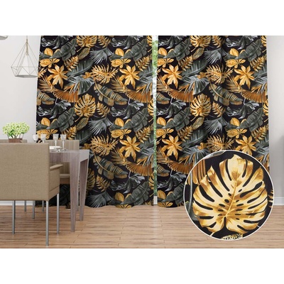 Biante Bavlnený záves Sandra SA-389 Sivozelené a zlaté tropické listy na čiernom 150x140 cm