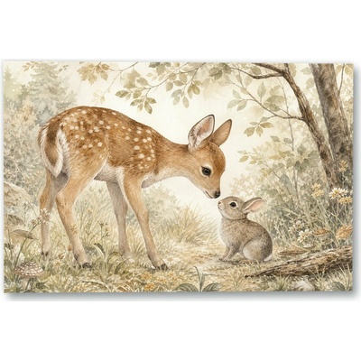 Plakát – Skvrnité mládě a králík v lese Bez rámu Ano Bez rámu 135 × 90 cm