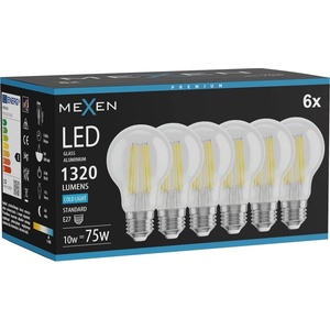 Mexen Vintis 6x LED филамент крушка E27, A60, 10W, Студена - 6500K, 1320 lm, прозрачна (L150-E27-1065-00x06)