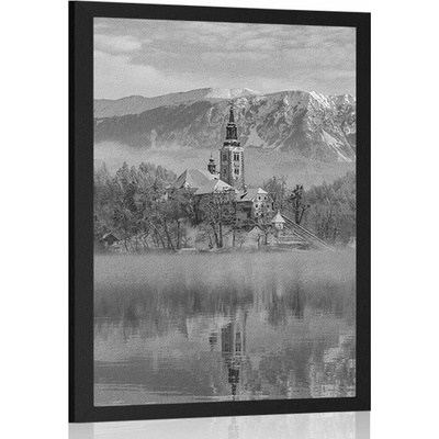 Plakát kostel u jezera Bled ve Slovinsku v černobílém provedení - 40x60 no frame