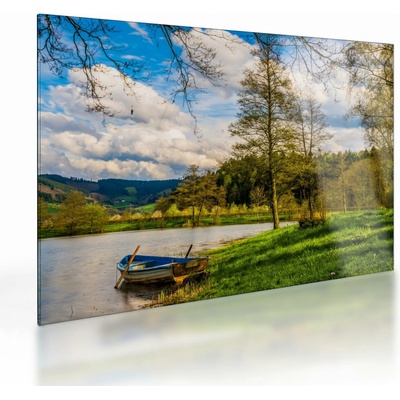 Skleněný obraz loďky u jezera, jednodílný 70x50 cm na skle