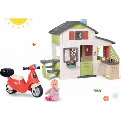 Smoby Set domček Priateľov a odrážadlo s kufrom Friends House Life s letnou kuchynkou a Corolle bábika