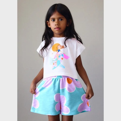 Mayoral Комплект къс панталон син с цветя и бяла тениска за мини момиче Mayoral