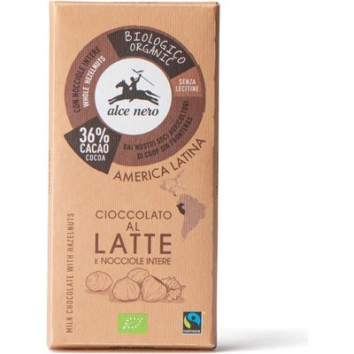 Alce nero BIO Mléčná 36% s lískovými oříšky 100 g