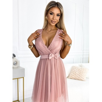 Numoco Рокля от тюл с деколте и панделка - мръсно розово Numoco numoco | Rozov | ЖЕНИ | ONE SIZE