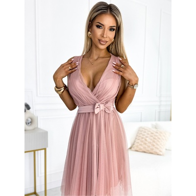 Numoco Рокля от тюл с деколте и панделка - мръсно розово Numoco numoco | Rozov | ЖЕНИ | ЕДИН РАЗМЕР