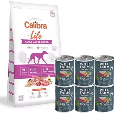Calibra Dog Life Adult Large Breed Lamb 12 kg & WILD FARM Superfood Duck 6 x 400 g