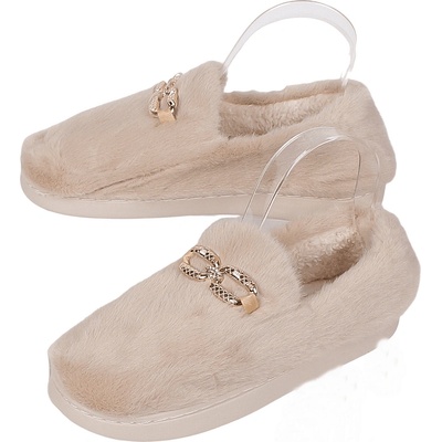 Дамски домашни пантофи в бежово с бижу