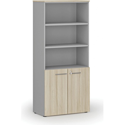 Primo Kombinovaná kancelárska skriňa GRAY, dvere na 2 poschodia, 1781 x 800 x 420 mm, sivá/dub prírodný