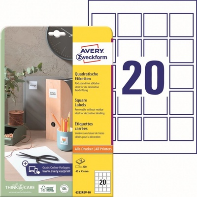 Avery Zweckform 6252REV-10 Čtvercové snímatelné etikety 45x45 mm 200 ks bílé
