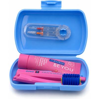 Curaprox Travel Set zubná kefka + CPS medzizubné kefky 2 ks + zubná pasta 10 ml darčeková sada, modrý
