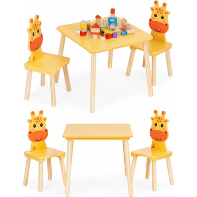 EcoToys Detský drevený stôl so stoličkami Žirafa žltý