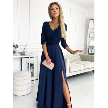 Numoco Елегантна дълга дантелена рокля с деколте - тъмно синя Numoco AMBER numoco | Sin | ЖЕНИ | S