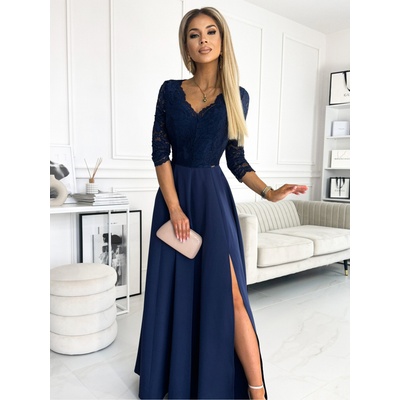 Numoco Елегантна дълга дантелена рокля с деколте - тъмно синя Numoco AMBER numoco | Sin | ЖЕНИ | S