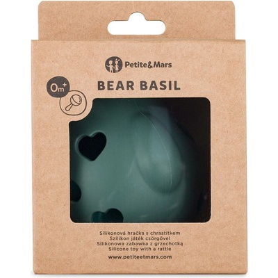 PETITE&MARS Hračka silikónová s hrkálkou Bear Basil Misty Green